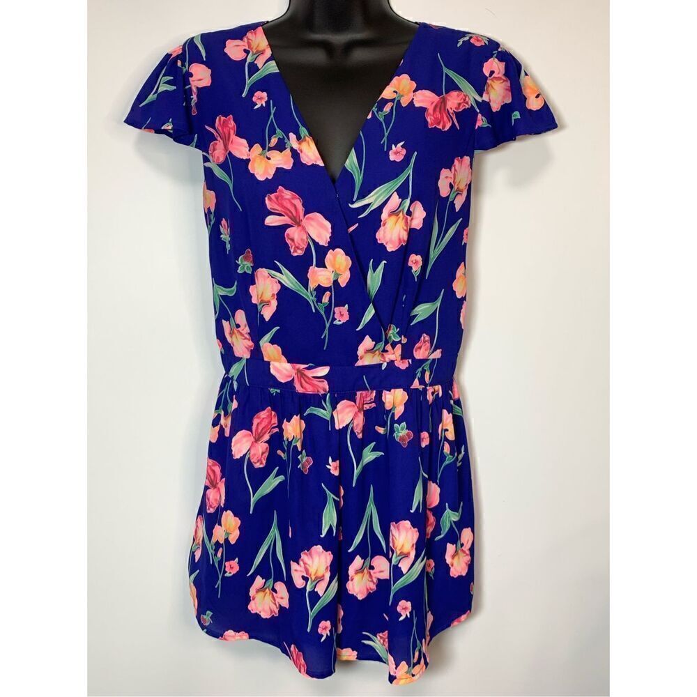Sugar + Lips Women's Floral Print Lined Strappy Back Wrap Romper Blue Size Small